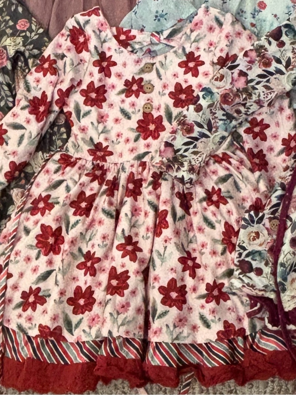 Girls' Red Floral Tiered Skirt Cotton Dress